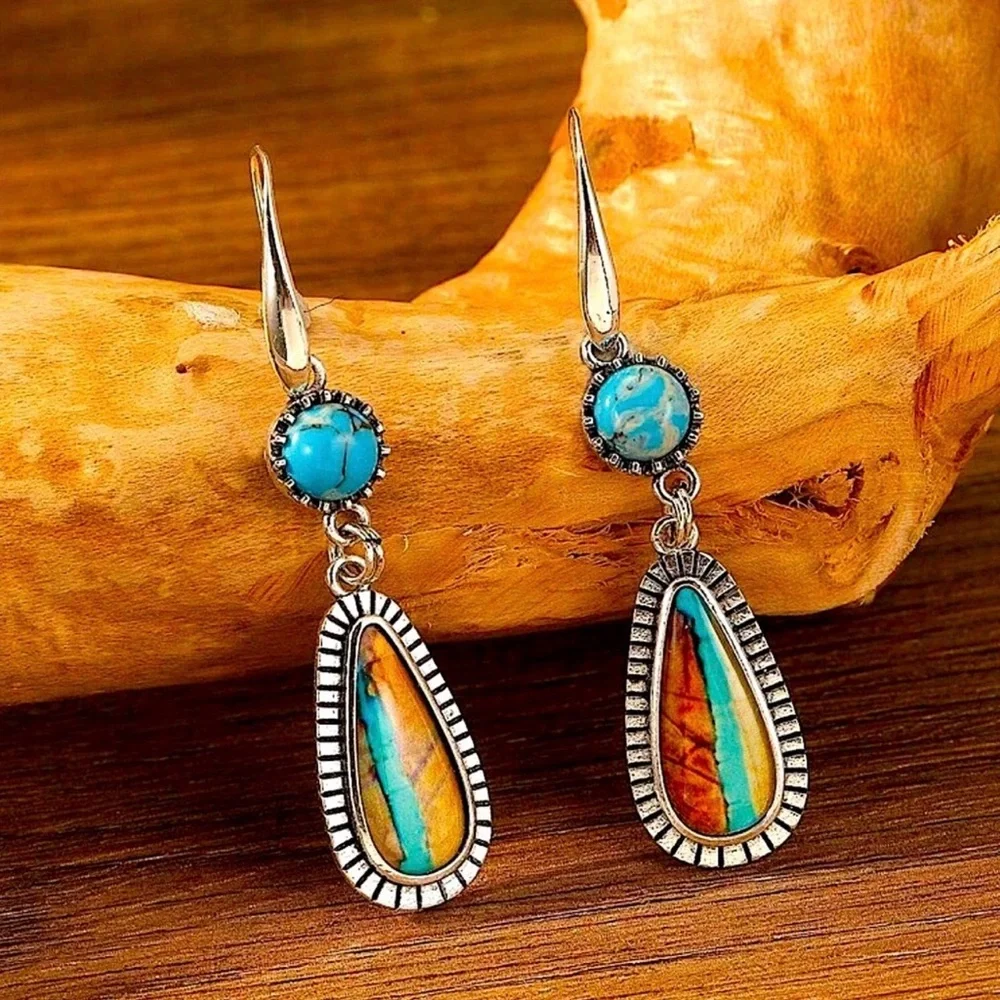 Turquoise and Orange Dangle Earrings - Picture 2 of 2